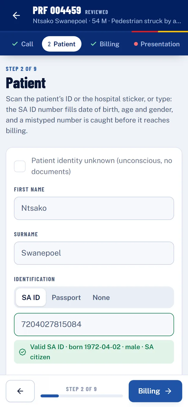 The patient step of a PRF: the SA ID number is checked and fills date of birth and gender (demo data).