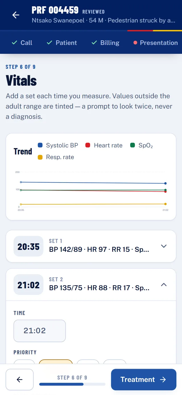 A PRF on a phone: vital signs with a trend chart (demo data).